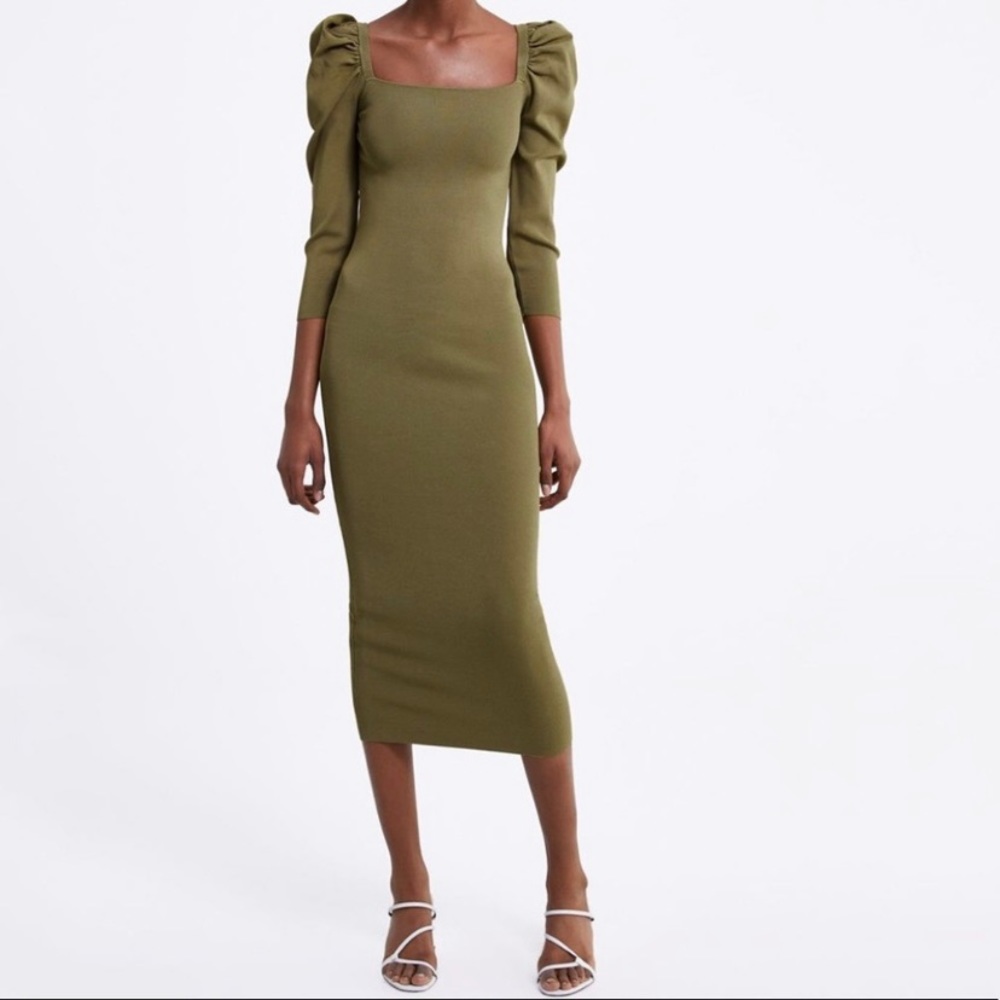 NWT Zara Bandage Puffy Sleeved Dress Olive Green Size Large